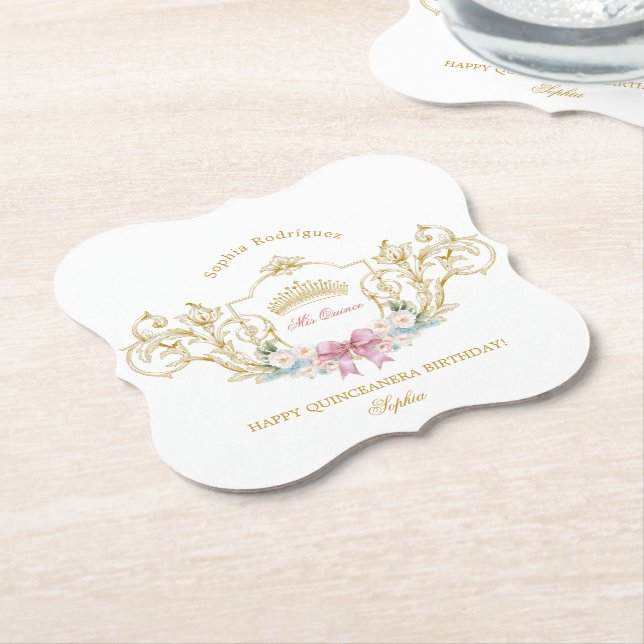 Quinceanera Classy Crown Vintage Frame Custom Paper Coaster (Angled)