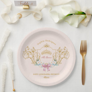 Quinceanera Classy Crown Vintage Frame Custom Paper Plates