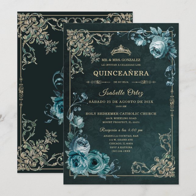 Quinceañera Color Esmeralda y oro Invitation (Front/Back)