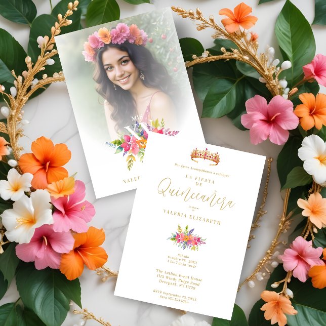 Quinceañera Colorful Flowers & Foliage Photo Invitation (Spanish Cherish Quinceañera Colorful Flowers & Foliage and Princess Tiara Photo Invitations Cards.)