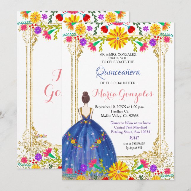 Quinceanera Colorful Flowers Gold Invitation (Front/Back)