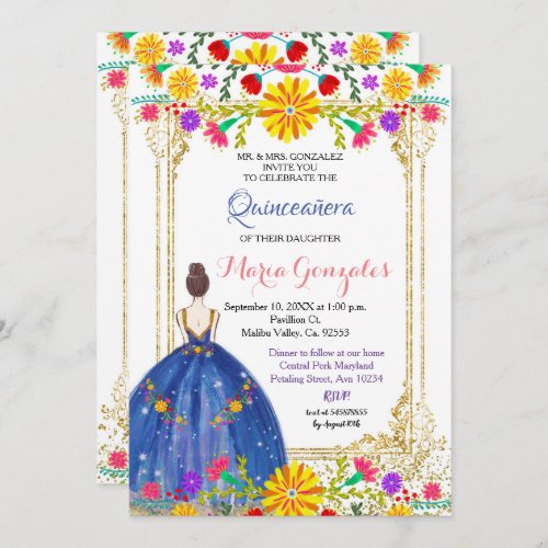Quinceanera Colorful Flowers Gold Invitation