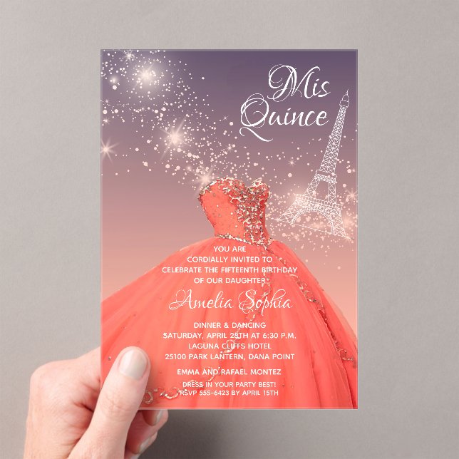 Quinceañera Coral Dress Eiffel Tower Acrylic Invitations (Insitu (Handheld))