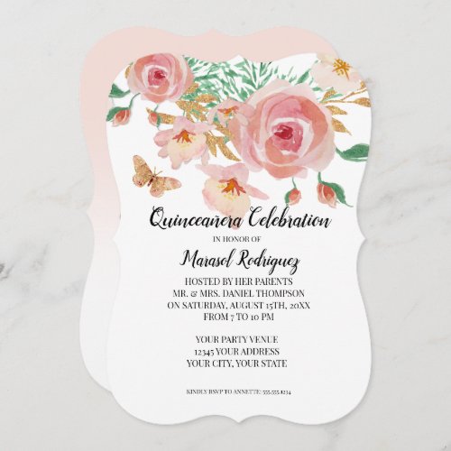 Quinceaera Coral n Pink Rose Watercolor Butterfly Invitation