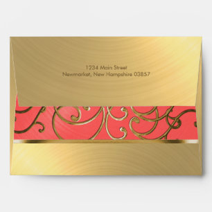 Quinceanera Coral Pink and Gold Filigree Swirls Envelope