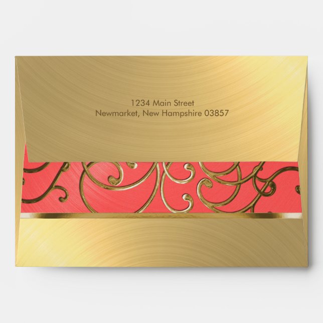 Quinceanera Coral Pink and Gold Filigree Swirls Envelope (Back (Top Flap))