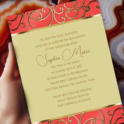 Quinceaera Coral Pink and Gold Filigree Swirls Invitation