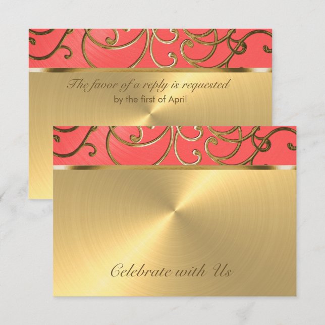 Quinceanera Coral Pink and Gold Filigree Swirls RSVP Card (Front/Back)