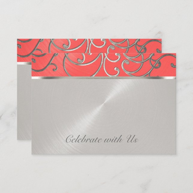 Quinceanera Coral Pink and Silver Filigree Swirls Invitation (Front/Back)