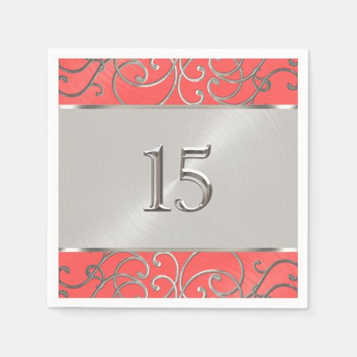 Quinceanera Coral Pink and Silver Filigree Swirls Paper Napkins