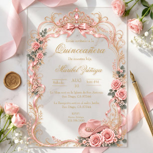 Quinceañera corona elegante rosa y dorado acrylic invitations
