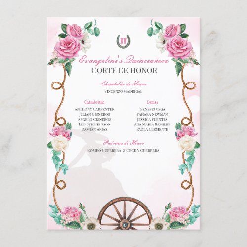 Quinceanera Corte de Honor Pink Roses Charro  Enclosure Card