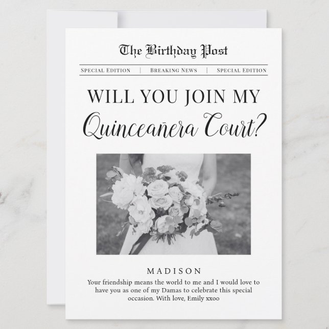 Quinceañera Court Proposal Newspaper Flat  Card (Front)