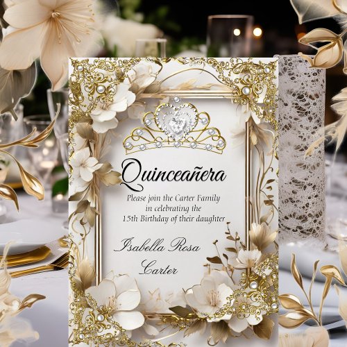 Quinceanera Cream Floral Gold White Tiara Party Invitation