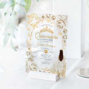 Quinceanera Cream Gold Floral Acrylic Invitations