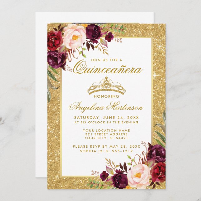 Quinceanera Crown Burgundy Floral Glitter Photo Invitation (Front/Back)