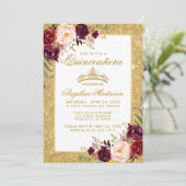Quinceanera Crown Burgundy Floral Glitter Photo Invitation (Standing Front)