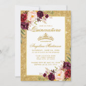 Quinceanera Crown Burgundy Floral Glitter Photo Invitation (Front)