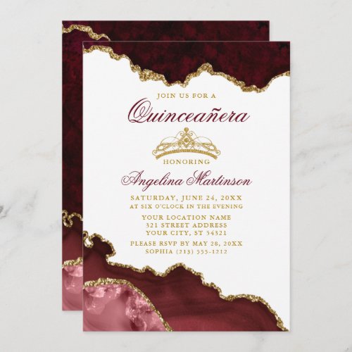 Quinceanera Crown Burgundy Gold Marble Invitation