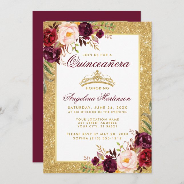 Quinceanera Crown Floral Burgundy Glitter Photo Invitation (Front/Back)