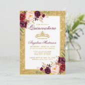 Quinceanera Crown Floral Burgundy Glitter Photo Invitation (Standing Front)