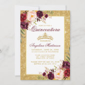 Quinceanera Crown Floral Burgundy Glitter Photo Invitation (Front)