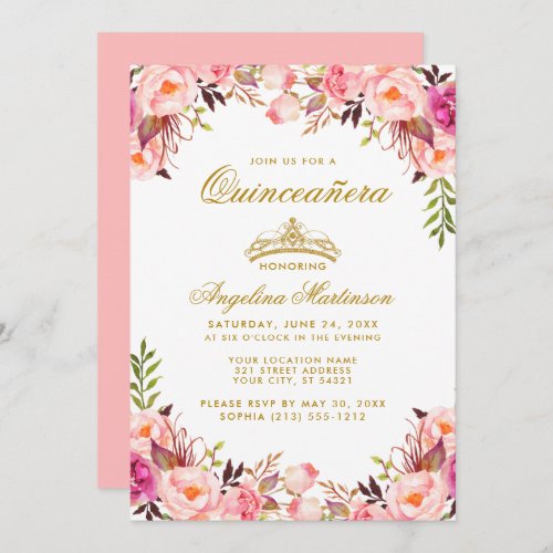 Quinceanera Crown Pink Blush Floral Gold Invitation