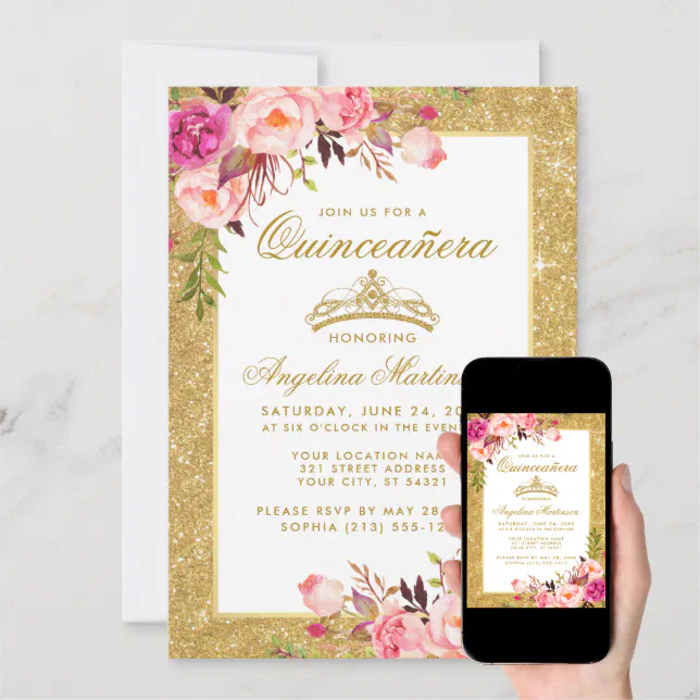 Quinceanera Crown Pink Floral Gold Glitter Invitation | Zazzle