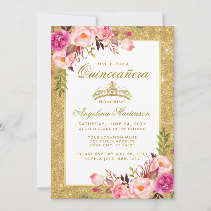 Quinceanera Crown Pink Floral Gold Glitter Invitation | Zazzle