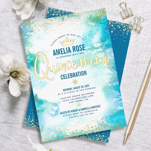 Quinceaera Crown Turquoise Watercolor Real Gold Foil Invitation