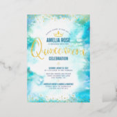 Quinceañera Crown Turquoise Watercolor Real Gold Foil Invitation (Standing Front)