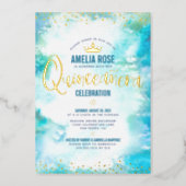 Quinceañera Crown Turquoise Watercolor Real Gold Foil Invitation (Front)