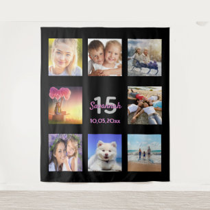 Quinceanera custom photo collage pink black tapestry