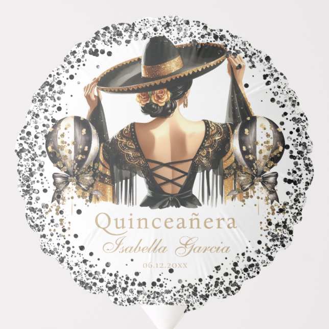 Quinceañera Custom Photo Luxury Black Gold Balloon (Front)