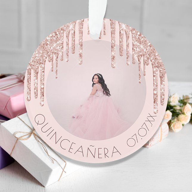 Quinceanera custom photo rose gold pink glitter ornament (Creator Uploaded)