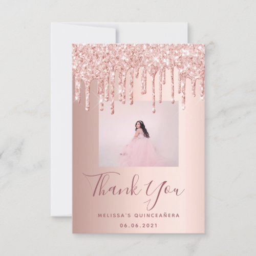 Quinceanera custom photo rose gold pink glitter thank you card