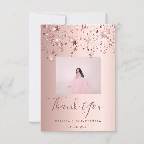 Quinceanera custom photo rose gold pink stars thank you card