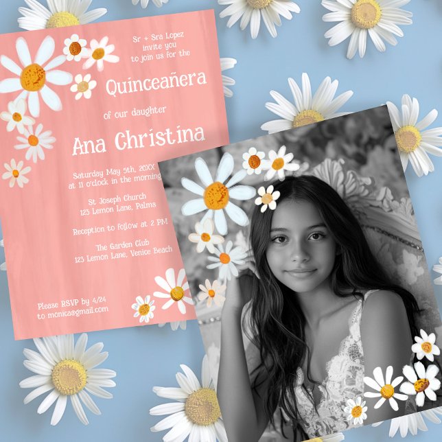 Quinceañera Daisy Bouquet Handpainted Custom Photo Invitation (Quinceañera Daisy Bouquet Handpainted Custom Photo Invitation
)