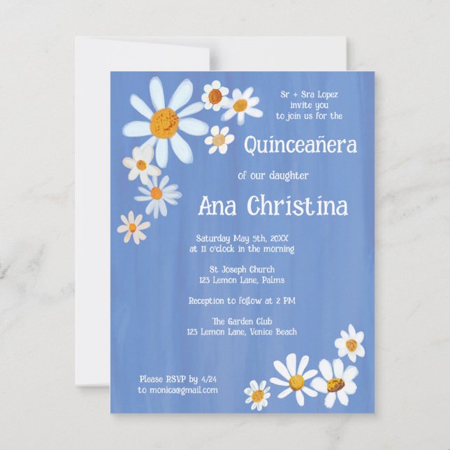 Quinceañera Daisy Bouquet Handpainted Custom Photo Invitation (Back)