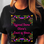 Quinceanera Dama Mexican Fiesta Floral Black T-Shirt<br><div class="desc">Personalized Black Quinceanera T-Shirt for your Dama(s). The wording on the front is completely editable and you can also add the dama's name on the back, if you wish. The bright pink typography is framed with a colorful floral design of Mexican fiesta flowers. Perfect for the sweet 15 celebrations and...</div>