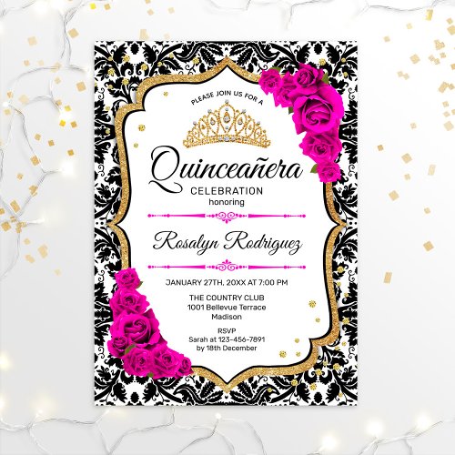 Quinceanera _ Damask Pink Gold Invitation