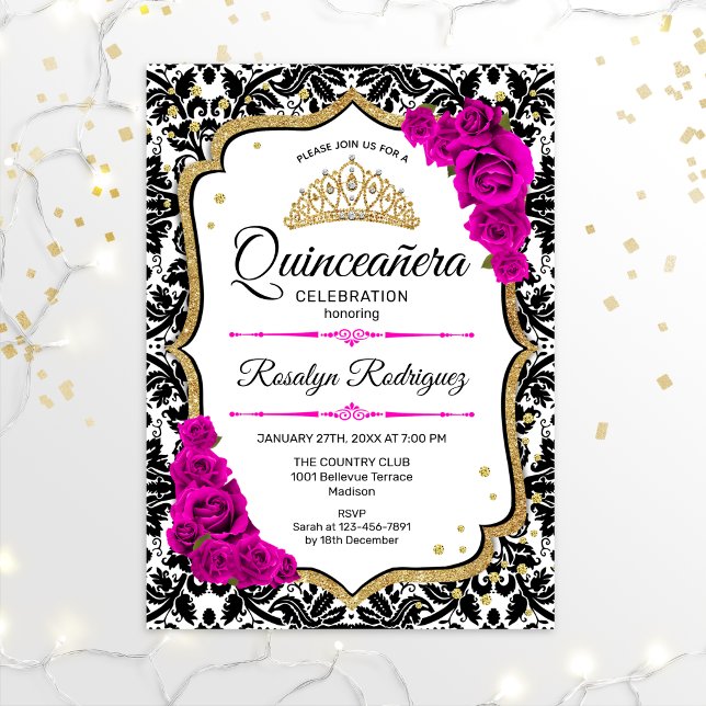 Quinceanera - Damask Pink Gold Invitation