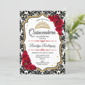 Quinceanera - Damask Red Gold Invitation (Standing Front)