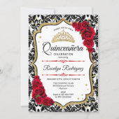 Quinceanera - Damask Red Gold Invitation (Front)