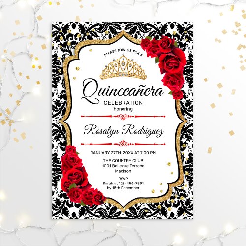 Quinceanera _ Damask Red Gold Invitation