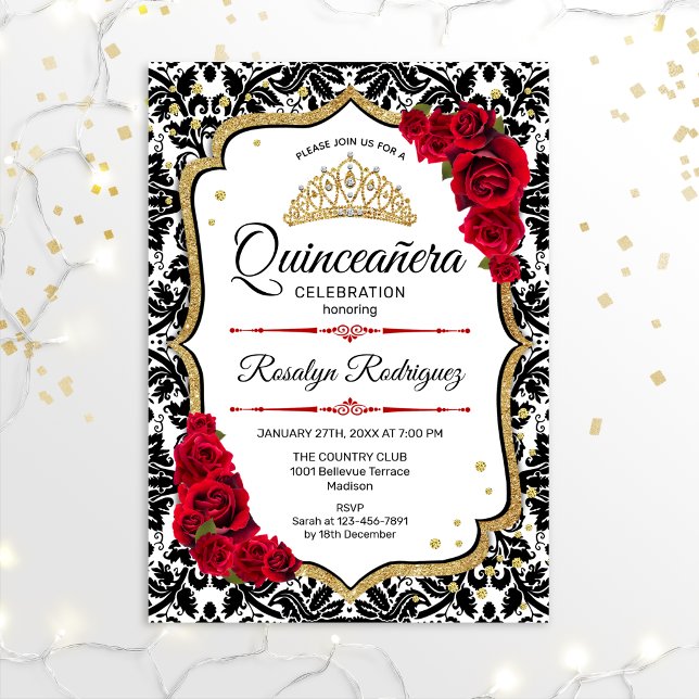 Quinceanera - Damask Red Gold Invitation