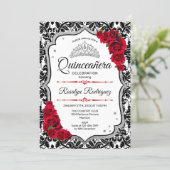 Quinceanera - Damask Red Silver Invitation (Standing Front)
