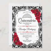 Quinceanera - Damask Red Silver Invitation (Front)
