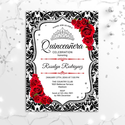 Quinceanera _ Damask Red Silver Invitation