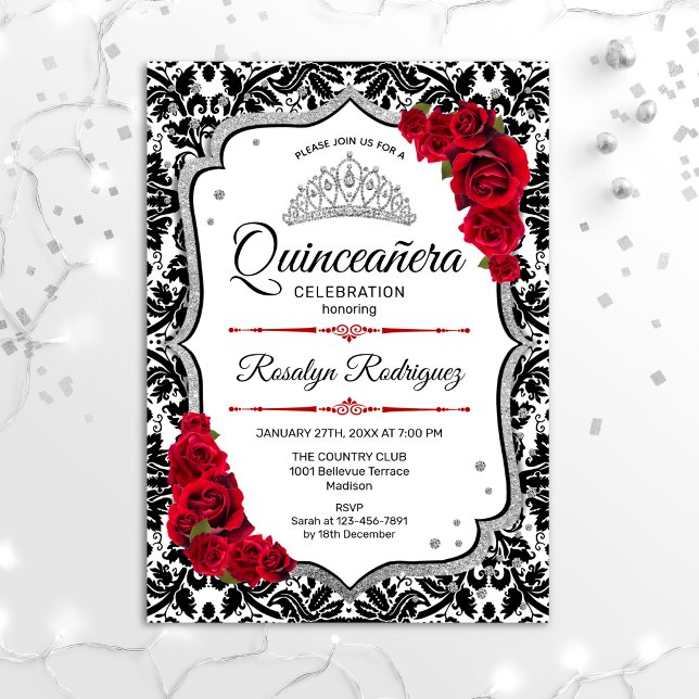 Quinceanera - Damask Red Silver Invitation